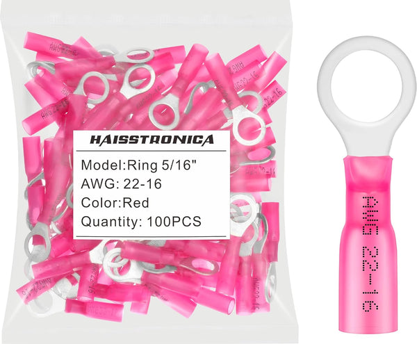 haisstronica 100pcs 5/16" Red Marine Grade Heat Shrink Ring Connectors, 22-16 Gauge Tinned Copper