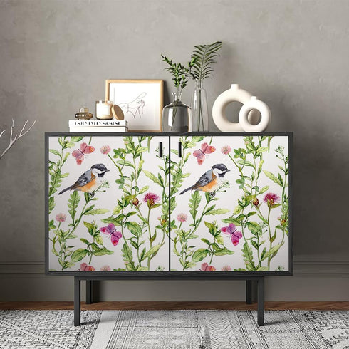 REDAMANCY Watercolor Meadow Green Grass Leaf Flowers Plants Birds Purple Butterfly Peel and Stick Wallpaper Stick on