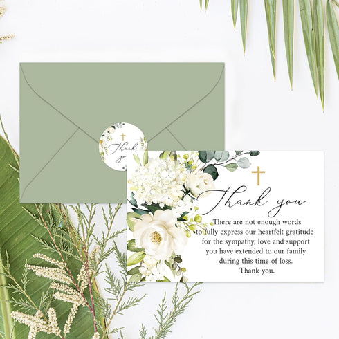 48Pcs Whaline Funeral Thank You Cards Floral Sympathy Thank You Card with Stickers Envelopes White Flower Bereavement