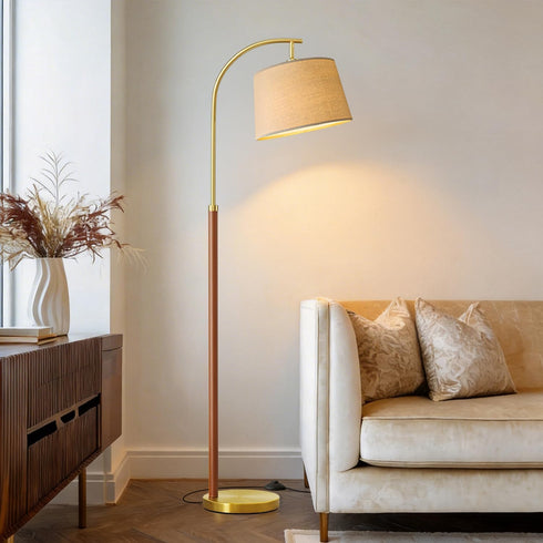 62.5" G-SAFAVA Wood Floor Lamp for Living Room Gold with Foot Switch Arc Standing Tall Lamps for Bedroom Mid Century