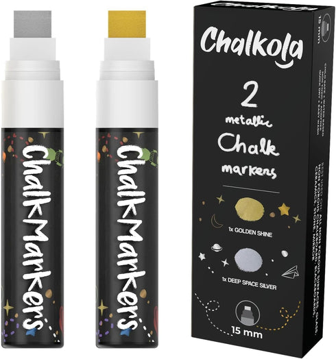 Metallic Chalk Markers (2 Pack), Liquid Chalk Pens for Blackboards, Bistro Menu, and Window Markers - 15mm Jumbo Nib