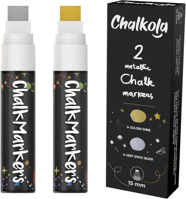 Metallic Chalk Markers (2 Pack), Liquid Chalk Pens for Blackboards, Bistro Menu, and Window Markers - 15mm Jumbo Nib