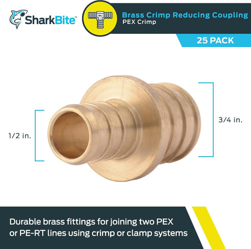 SharkBite 1/2 Inch x 3/4 Inch Crimp Reducing Coupling - Pack of 25, Brass Plumbing Fitting