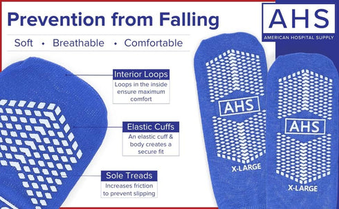 Pack 6 AMERICAN HOSPITAL SUPPLY AHS Slipper Socks | Blue X-Large Polyester-Spandex Knit Grip Socks with Elastic Cuff |