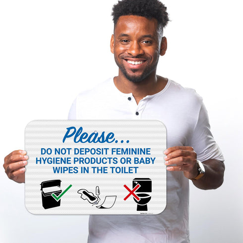 12x18 Inches, 3M .063 Please Do Not Deposit Feminine Products Baby Wipes in Toilet with Graphic Sign, EGP Reflective