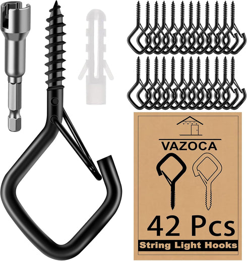 VAZOCA 42 Pcs Screw Hooks for Outdoor String Lights, Q-Hanger Hook with Safety