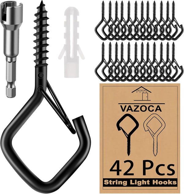 VAZOCA 42 Pcs Screw Hooks for Outdoor String Lights, Q-Hanger Hook with Safety