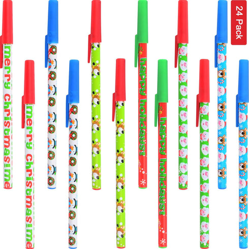 Sunshane 24 Pieces Christmas Stick Pens Set, Holiday Ballpoint Pens for Christmas Home Decor Party Gift
