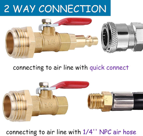 RV Winterize Blowout Adapter Kit with 1/4" Male Quick Connect Plug, 3/4" Male GHT Thread, Ball Valve & 2 Washers