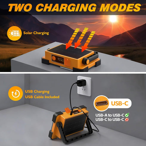120W 144 10000LM 4 IP66 Solar Rechargeable Work Light, LED Led Work Light with Modes, Portable Flood Light with Stand