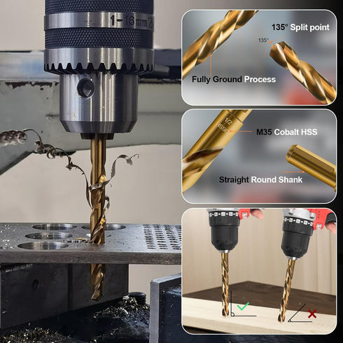 Luckyway 5-Piece 1/2" M35 Cobalt Drill Bits Set, Jobber Length for Hard Metal and Wood