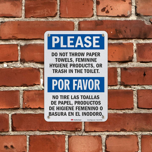 SmartSign Bilingual Sign, "Please Do Not Throw Paper Towels, Feminine Hygiene Products, Or Trash In The Toilet" | 7" x