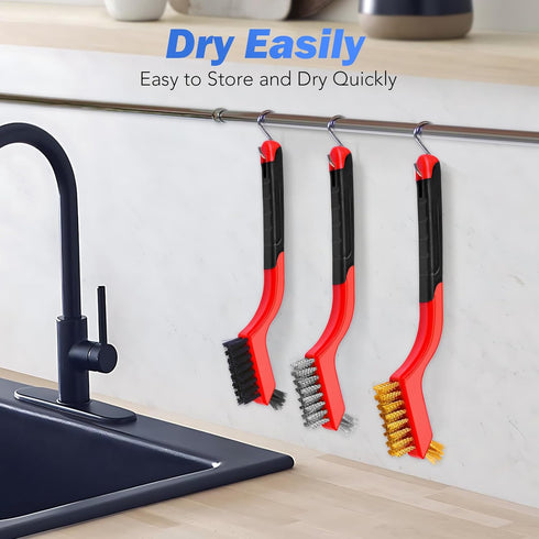 Wire Brush Set, 6 Pcs Brass, Stainless Steel, Nylon Brushes for Cleaning, Curved Handle for Rust Removal