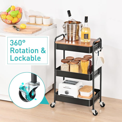 TOOLF 3-Tier Rolling Cart, Metal Utility Cart with Top, Storage Craft Cart with Wheels, Trolley Organizer Serving Cart
