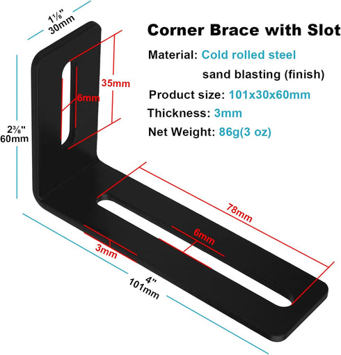 10 PCS 4" Black Adjustable L-Shape Corner Brace with Slot, Steel Right Angle Brackets for Fixing Furniture, Max Load 30