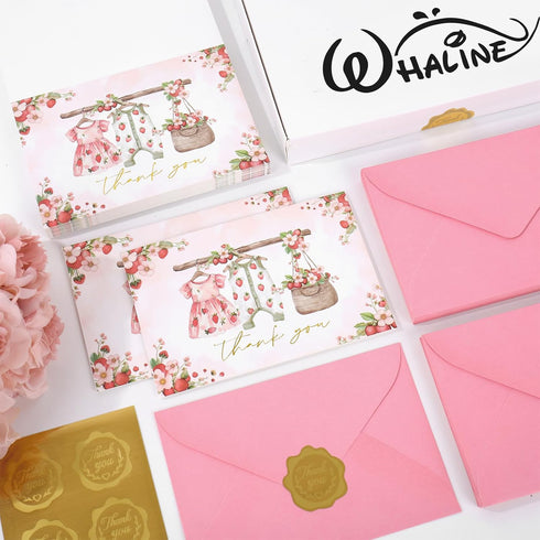 50 4 6 Inch Whaline Pcs Strawberry Baby Shower Thank You Cards with Envelopes Stickers Bulk Cute Clothes Pink Blank