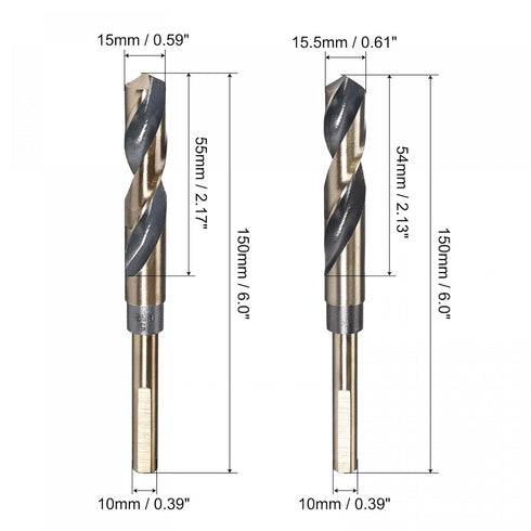 uxcell Reduced Shank Drill Bit Set, 15mm 15.5mm Titanium Nitride Coated High Speed Steel 4341 Tri-flat Shank Drilling Tool for Stainless Steel Alloy Copper, 2pcs