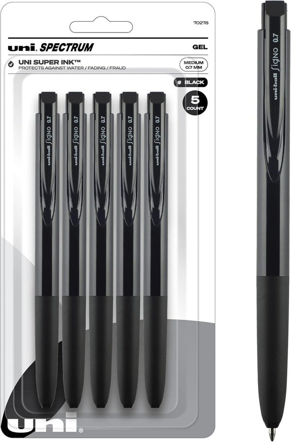 Uniball Signo Spectrum Retractable Gel Pen, 5 Black 0.7mm Medium Point Pens for Office Supplies, Smooth Writing