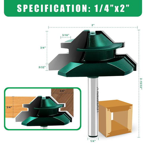 45 Set 1/4 Inch 3-Piece 1/2, 5/8 3/4 Inch Knoweasy Degree Lock Miter Router Bit with Shank, for Woodworking Projects