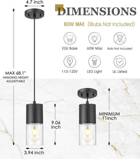 AD-24023-1P-BK Black Pendant Lights Kitchen Island, Modern Hanging Lights Fixtures with Cylinder Clear Glass