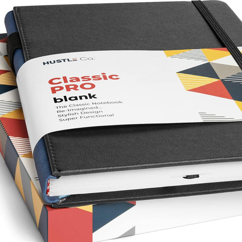 Thick Blank Journal Notebook with Unlined / Unruled / Plain Pages | Deluxe 120gsm Ink Resistant Paper for Writing, Sketch Book, 160 Pages | Hardcover Sketchbook with Pen Holder, Pocket, Ribbon (Black) by HUSTLE Co.