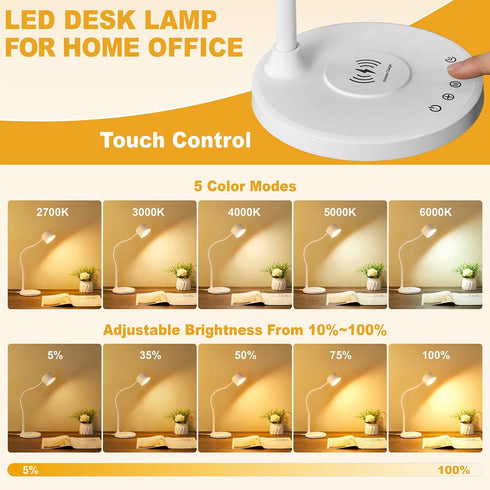 5 Dimmable Desk Lamp for Office Home, Gooseneck Desk Lamp with Wireless Charger, Touch Table Lamp with USB C+A Charging
