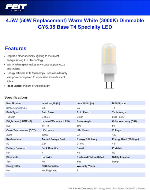 Feit Electric T4 LED Light Bulb, 50W Equivalent, GY6.35 Bi-Pin Base, Dimmable, 3000K Warm White