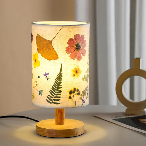 WSYEAR Pressed Flowers Bedside Lamp, Charming Floral Table Lamp with Wood Base for Bedroom