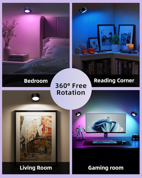 2 Pack 3 360 Dimmable Wall Mounted Lights, Rechargeable RGB Color Changing Light, Color Temps & Remote and Touch