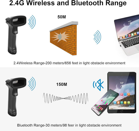 Bluetooth QR Barcode Scanner, PDF417 Rechargeable Wireless Code Scanner, Connects to Smart Phone, Tablet, PC