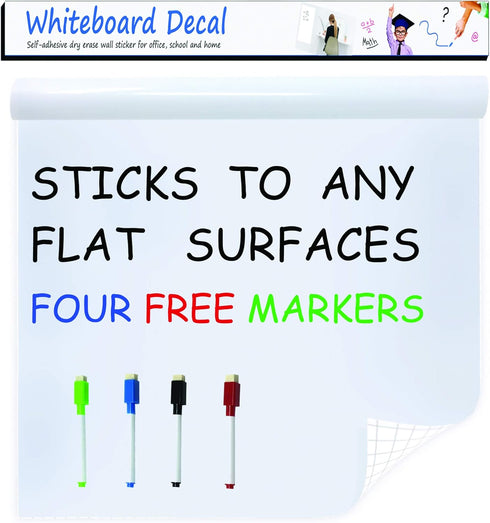 Extra Large Self-Adhesive Whiteboard Decal Sticker, 6.5 FEET Peel and Stick Wallpaper with 4 Dry Erase Markers, 17.7” X
