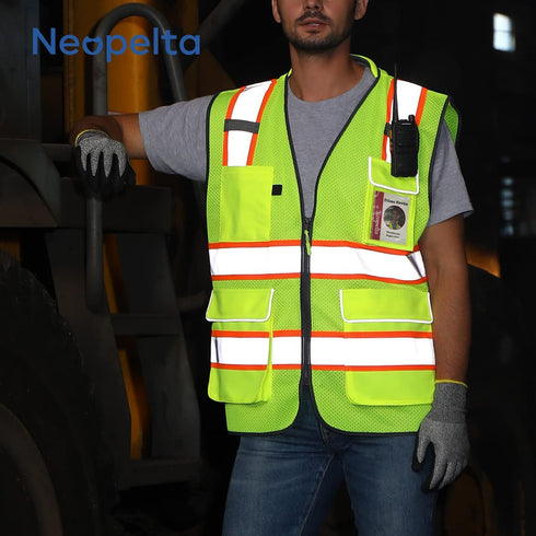 Reflective Safety Vest Yellow Mesh, High Visibility Vest with Pockets, Zipper, Padded Neck, ANSI Class 2, Yellow with