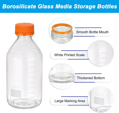 PATIKIL 2 Pack Reagent Media Storage Bottles, 1000ml Borosilicate Glass Round Bottles with Orange GL32 Screw Cap