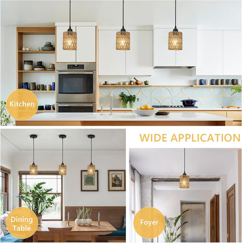 1-Light 4.75.9in 61in LAMSU Rattan Pendant Lights, Boho Farmhouse Pendant Lighting with Hand Woven Shade, Small Wicker