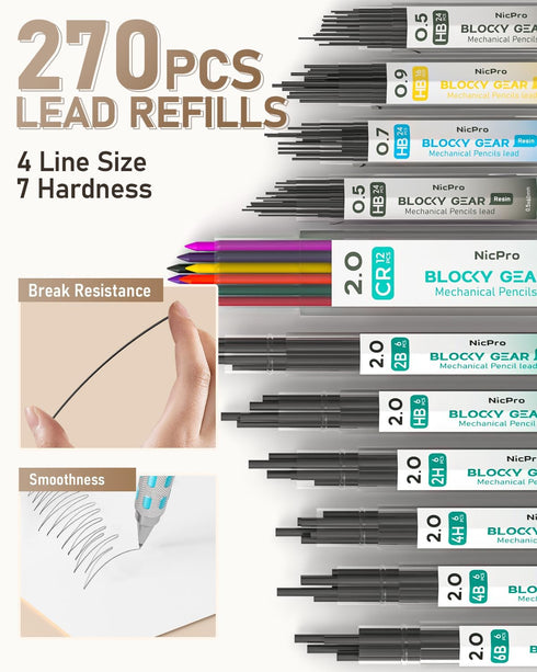 Nicpro Blocky Gear Art Mechanical Pencil Set with Case, 36PCS Metal Pencils 0.5, 0.7, 0.9mm & 2mm Lead Holder