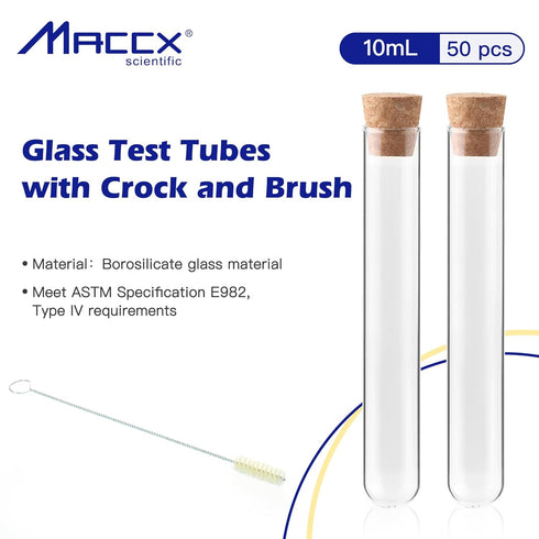 Glass Test Tubes with Cork and Brush, Vol.10ml/Dia.15x100mm, Pack of 50, 3.3 Borosilicate Glass, TTGS02-050
