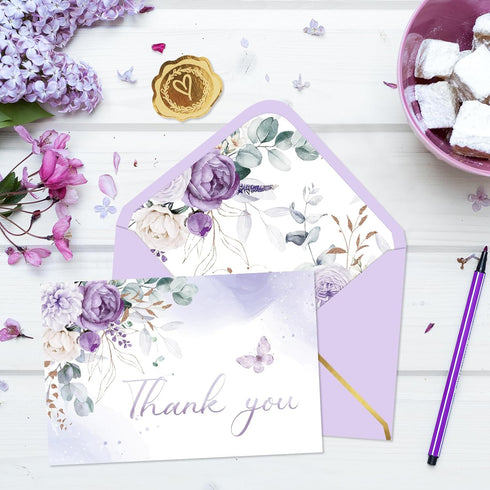 50 Pack 4 6 Inch Whaline Spring Purple Floral Thank You Card Lavender Flower Greeting Card with Envelope Sticker Blank