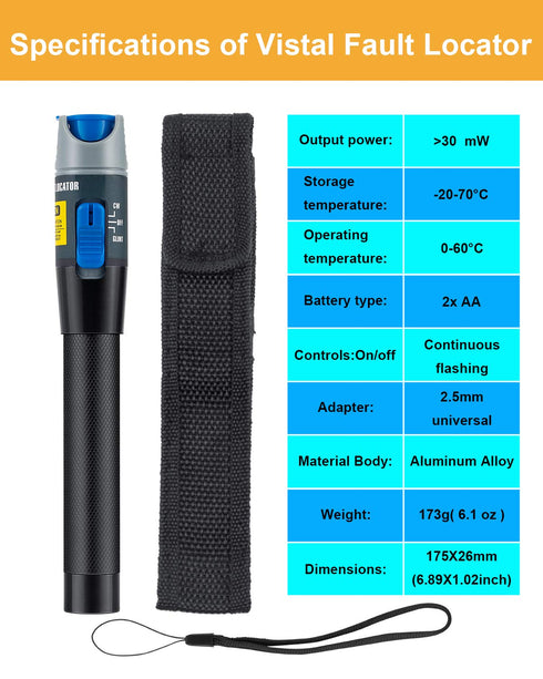Fiber Visual Fault Locator - VFL Fiber Optic Cable Tester Kit with FC Male to LC Female Adapter