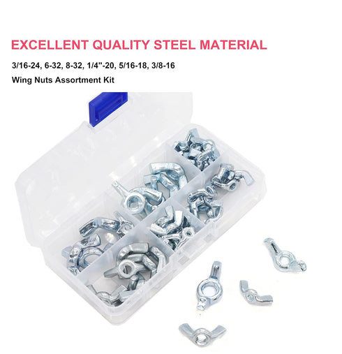 cSeao 50pcs Wing Nuts Assortment Kit, Zinc Plated Butterfly Nuts in Various Sizes