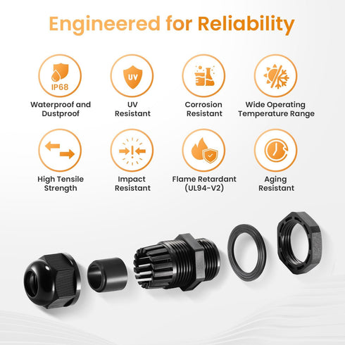 50pcs 1/2" IP68 Grommet QILIPSU NPT Cable Gland Waterproof Nylon Cable Pass Through Cord Grip Connector Strain Relief