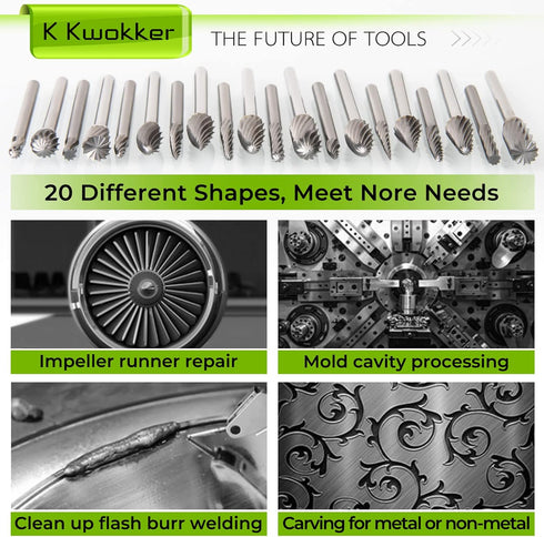 20PCS 1/8 Shank Tungsten Carbide Burr Set Diamond Files HRA85 Rotary Tool Accessory Kit, Accessories for Dremel Rotary Drill Air Die Grinder, Graving Tools for Metal Polishing, Wood Carving