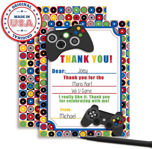 Game On Video Gamer Themed Thank You Notes for Kids - Ten 4" x 5.5" Fill in the Blank Cards with 10 White Envelopes