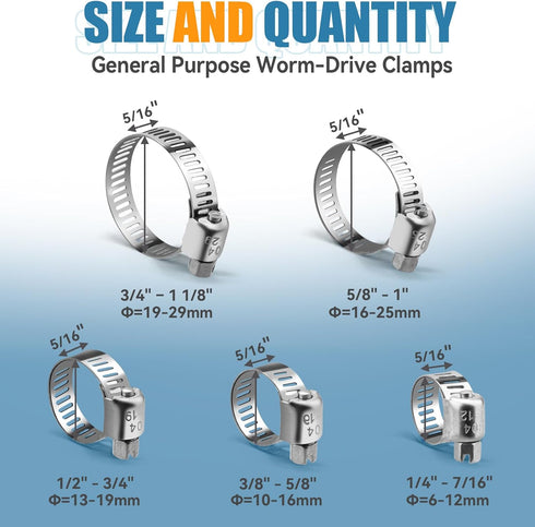 15PCS Hose Clamp Set - Stainless Steel Hose Clamps with Worm Gear, Adjustable 1/2'' to 3/4'' (13-19mm) for Plumbing, Automotive, and Mechanical Applications by DLOUBLEIY