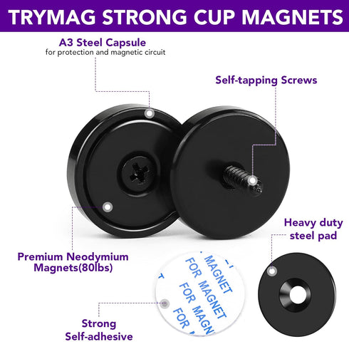 TRYMAG Magnets with Holes 40LB Heavy Duty Adhesive Backing Steel Pads for Wall Mounting 3 Pack