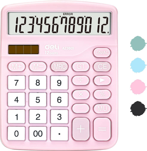 Deli Standard Function Desktop Calculator, 12 Digit LCD Display, Solar Battery Dual Power, Pink