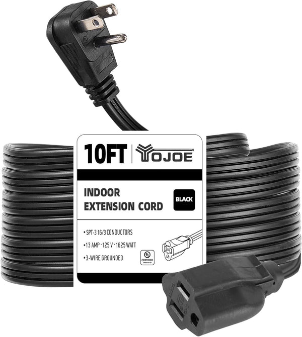 YOJOE 16/3 Black Flat Plug Extension Cord, 10 ft, 16AWG, 3 Prong Grounded Wire for Home, Office - UL Listed