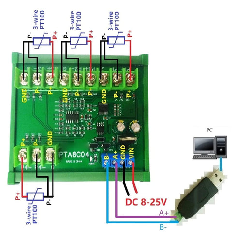 Temperature Sensor Module 4ch PT100 RTD RS485 Board, RTU Resistance Collector PTA8C04 with Rail Housing