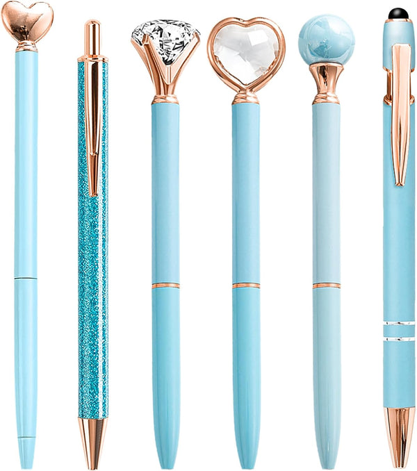 Fancy Pens for Women, 6 Pcs Blue Ballpoint Pens, 1.0mm Medium Point Black Ink for Note Taking