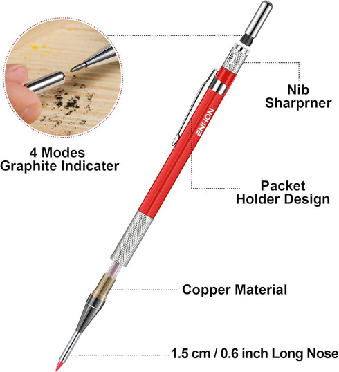 Enhon 2mm Mechanical Carpenter Pencil Set with 12 Marker Refills and Sharpener for Woodworking Marking