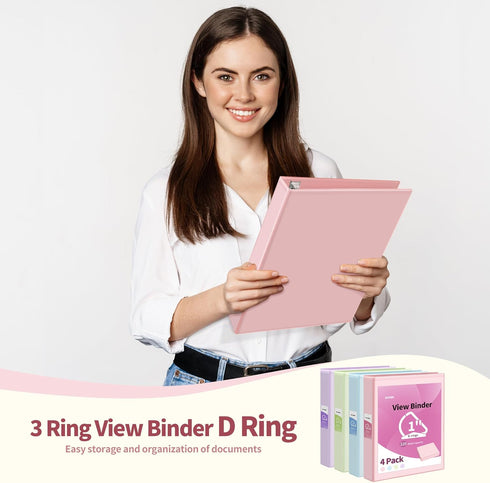 SUNEE 1 Inch 3 Ring Binder, Clear View, PVC-Free, Fits 8.5x11 Inches, Assorted Pastel, 4 Pack for School or Office